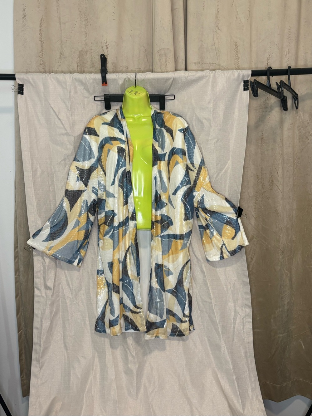 Adrienne Landau Abstract Open-Front Cardigan in White, Blue & Yellow